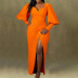 Solid Color V-Neck Puff Sleeve Split Dress NSGML111093