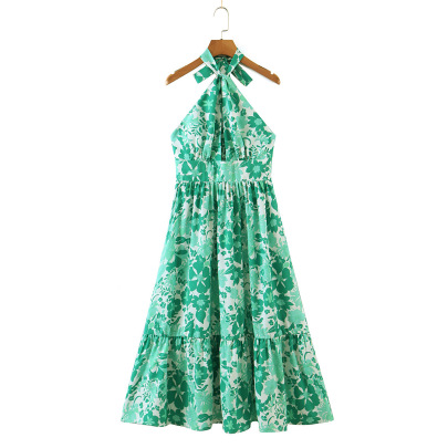 Printing Floral Sleeveless Lace-up Halterneck Dress NSBRF110924