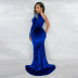 Velvet Stitching Mesh See-Through Irregular Slit Full-Length Prom Dress NSCYF111349