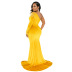 Velvet Stitching Mesh See-Through Irregular Slit Full-Length Prom Dress NSCYF111349