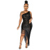 One-Shoulder Sequins Fringed Irregular Slit Prom Dress NSCYF111353