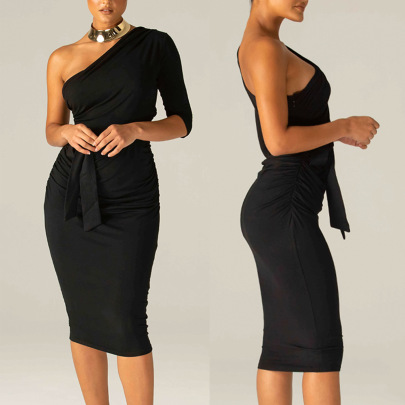 Solid Color Oblique Shoulder Mid-length Dress NSPHG111356