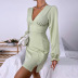 green V-neck low-cut long-sleeved slit dress NSYSQ111372