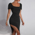 Square Neck Pleated Short-Sleeved Knitted Slit Sheath Dress NSYSQ111381