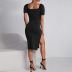 Square Neck Pleated Short-Sleeved Knitted Slit Sheath Dress NSYSQ111381