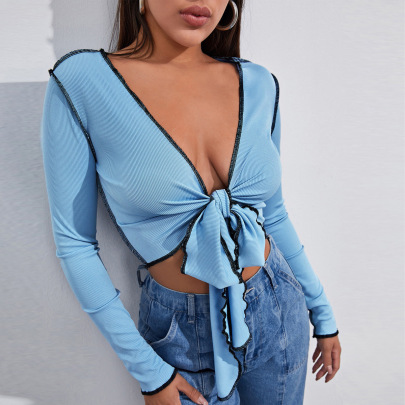Deep V-neck Chest Tie Long-sleeved Cropped Top NSXPF111444