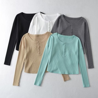 Solid Color Long Sleeve Round Neck Slim Waffle Loose Cropped T-shirt NSXDX137526