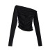 Long-sleeved word-neck solid color slim pleated crop top NSXDX137531