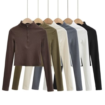 Half Turtleneck Zipper Solid Color Long Sleeve Slim Fit Crop T-Shirt NSXDX137533