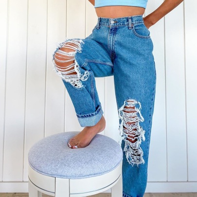 High Waist Loose Ripped Jeans NSGJW137543