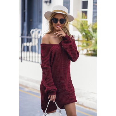 Solid Color Large V-neck Long Sleeve Mid-length Sweater NSHNF137551