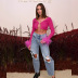solid color tight-fitting ostrich fur stitching sleeve crop  top NSLHC137570