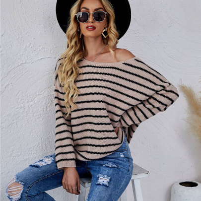 Striped Print Pullover Loose Color Matching Round Neck Sweater NSWJY137593