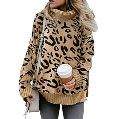 Leopard Print Long Sleeve Turtleneck Pullover Sweater NSWJY137595