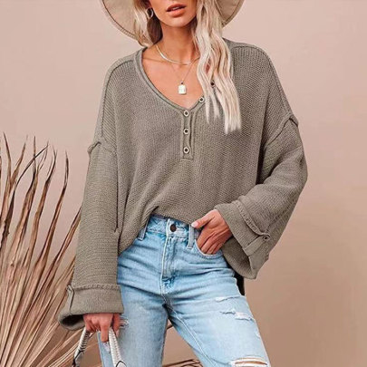 Solid Color V-neck Long-sleeved Pullover Sweater NSWJY137600