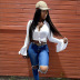 high waist high elastic ripped hole casual jeans NSGJW137631