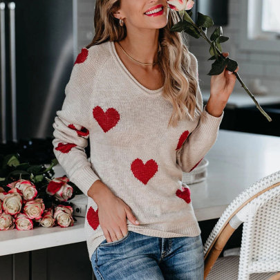 Loose Love Print V-neck Pullover Long-sleeved Sweater NSWJY137634