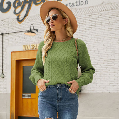 Long-sleeved Solid Color Rope Knitted Loose Round Neck Pullover Sweater NSWJY137640