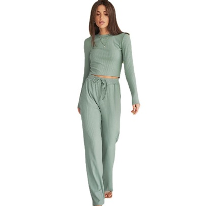 Solid Color Slim Knitted Pit Strip Long-sleeved Top And Trousers Loungewear Can Be Worn Outside NSMSY137663