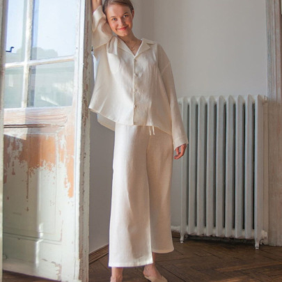 Solid Color Cotton And Linen Lapel Long Sleeve Top And Loose Leg Trousers Loungewear Can Be Worn Outside NSMSY137664