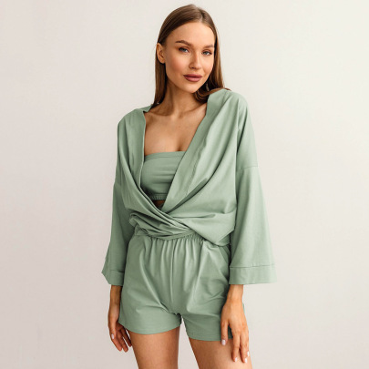 Solid Color Wrap Chest Underwear Strapping Cardigan Shorts Three-piece Pajamas NSMSY137665