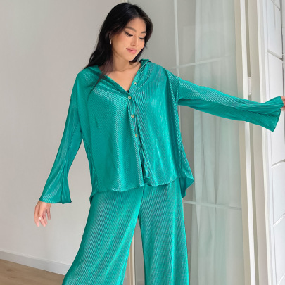 Solid Color Pleated Lapel Shirt And Loose Pants Pajamas NSMSY137666