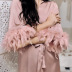solid color detachable feather stitching sleeves satin nightgown NSMSY137670