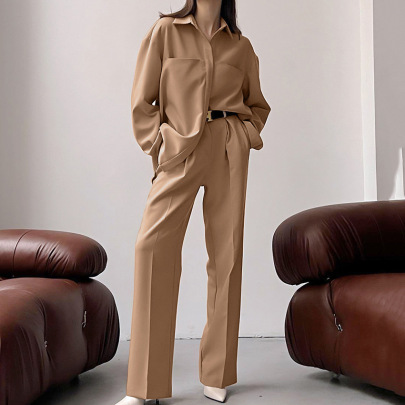 Solid Color Long-sleeved Lapel Shirt High-waisted Wide-leg Pants Lounge Suit NSSQS137674