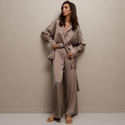 Solid Color Satin Long-sleeved Lace Up Shirt And Loose Trousers Two-piece Set NSSQS137679