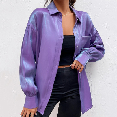 Solid Color Satin Loose Lapel Long-sleeved Shirt NSSQS137681