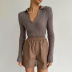 solid color lapel V-neck long sleeve bottoming sweater and PU leather shorts NSSQS137682