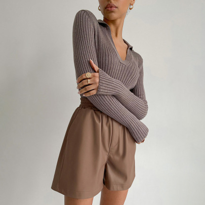 Solid Color Lapel V-neck Long Sleeve Bottoming Sweater And PU Leather Shorts NSSQS137682