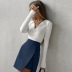 solid color lapel V-neck long sleeve bottoming sweater and PU leather shorts NSSQS137682