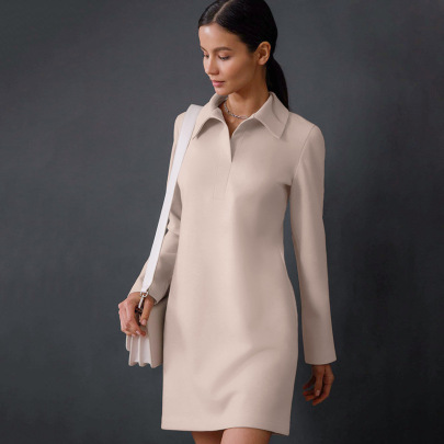 Basic Solid Color Lapel Long-sleeved Sheath Dress NSSQS137684