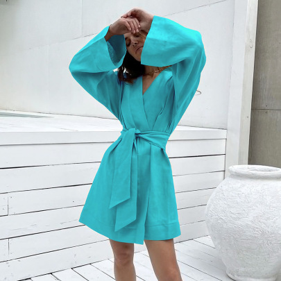 Solid Color Cotton And Linen Long-sleeved V-neck Wrap Dress NSSQS137690