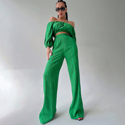Solid Color Pleated Long-sleeved Strapless Crop Top And Trousers Two-piece Set NSSQS137693