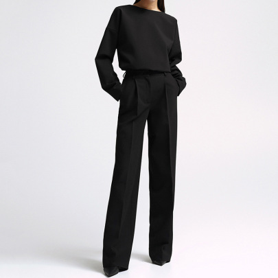 Solid Color Simple Wide-leg Pants And Long-sleeved Top Two-piece Set NSSQS137694