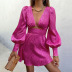 solid color deep V-neck hollow jacquard long sleeve dress NSSQS137700