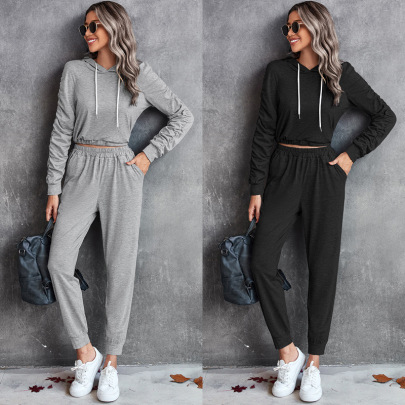 Solid Color Pleated Long-sleeved Hoodie And Slim Pants Suit NSLNZ137712