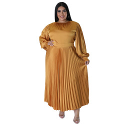 Plus Size Solid Color Pleated Round Neck Long Sleeves Long Dress NSLNW137734