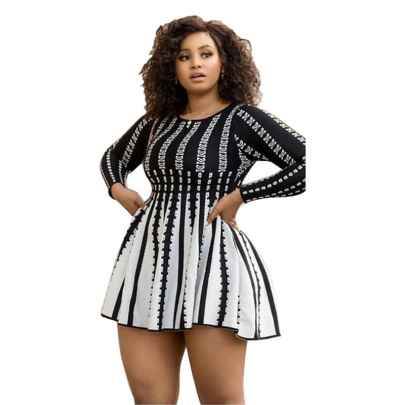 Plus Size Waist And Thin Long-sleeved Round Neck Striped Dress NSLNW137736
