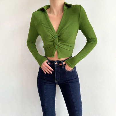 Solid Color Knitted Kink Lapel Button Long-sleeved Top NSAFS137741