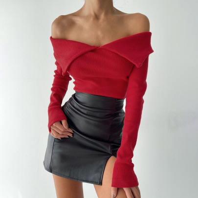 Solid Color Knitted One-shoulder Long-sleeved Crop Top NSAFS137743
