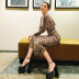 Knitted leopard print square neck fishtail slit slim dress NSAFS137744