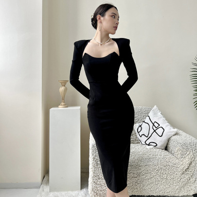 Solid Color Knitted Right Angle Shoulder Pad Slim Long Sleeve Dress NSAFS137745