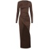 solid color knitted round neck pleated long-sleeved slit dress NSAFS137747