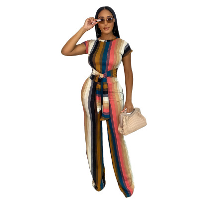 Colorful Striped Print Short Sleeve Top Straight Pants Set NSGMT137763