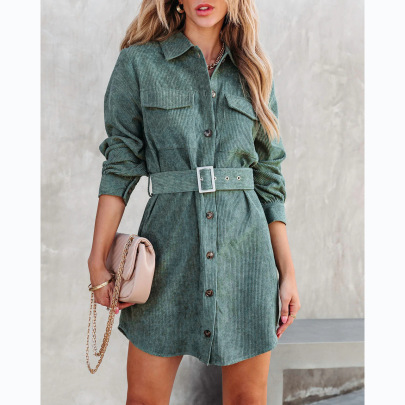 Solid Color Waist Belt Long Sleeve Corduroy Single-breasted Shirt Dress NSCXY137773