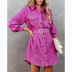 solid color waist belt long sleeve corduroy single-breasted shirt dress NSCXY137773