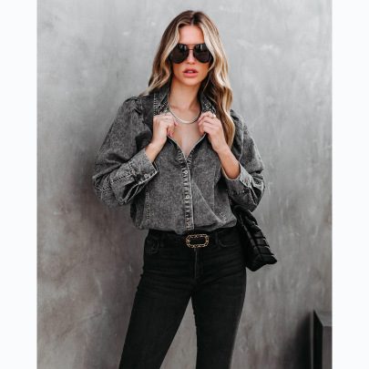 Lapel Loose Long-sleeved Single-breasted Denim Shirt NSCXY137775